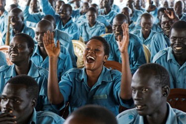 SSPS (Southern Sudan Police Service) recruits in Rajaf, Southern Sudan at the John Gurang Unified Memorial Police Training Academy. The recruits will be providing security for South Sudan's upcoming referenda, scheduled for January 9th, 2011. Trainers provided by UNPOL and funding from UNDP and doners.